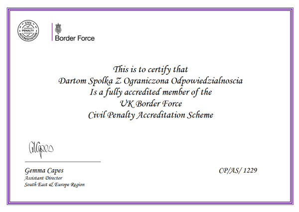 Certyfikat członkostwa UK Border Force